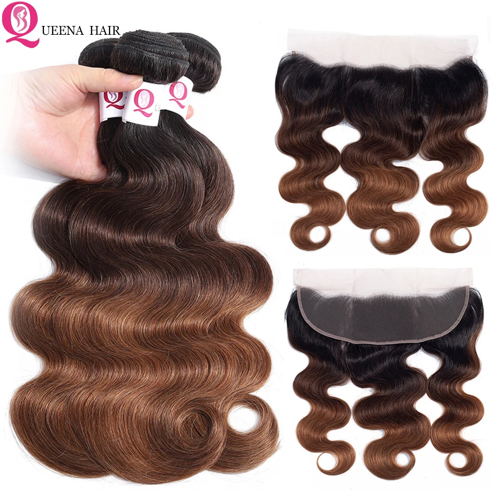 

Queena Raw Indian Hair Body Wave Ombre Human Hair Weave With Frontal Closure Remy 1B/4/30 Pre Plucked Lace Frontal With Bundles