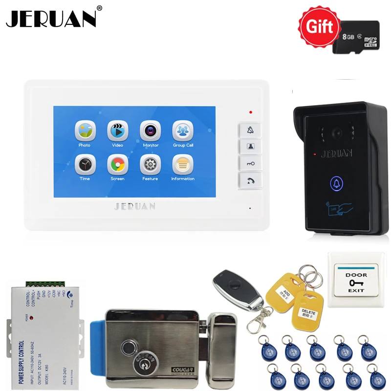 

JERUAN 7 inch LCD Screen Video Doorbell Video/voice Recording Intercom System kit Waterproof RFID Access Camera +E-lock In stock