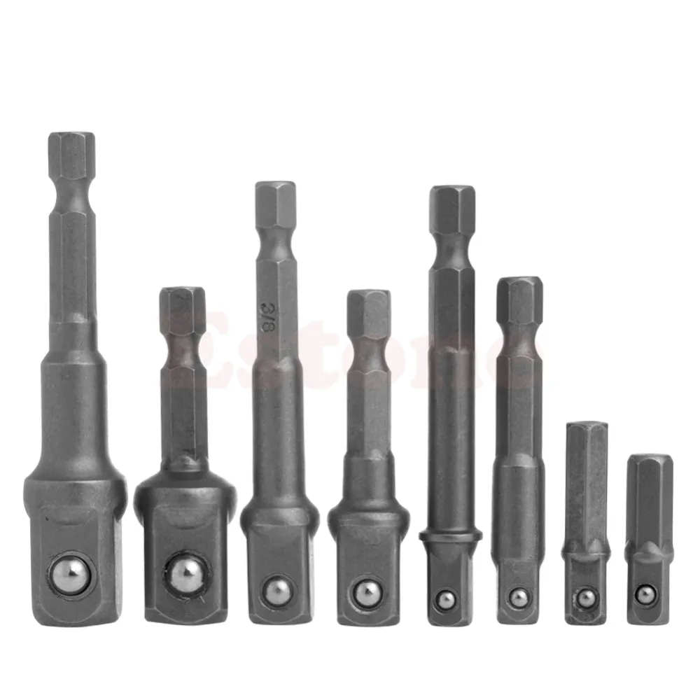 8Pcs Socket Adapter Set Hex Shank to 1/4" 3/8" 1/2" Impact Driver Drill Bits Bar
