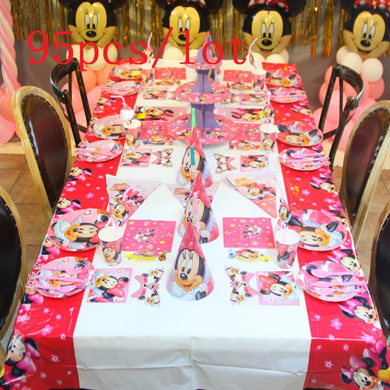 Party Supply 95pcs Cartoon Minnie Mouse Cup Plate Napkin Banner