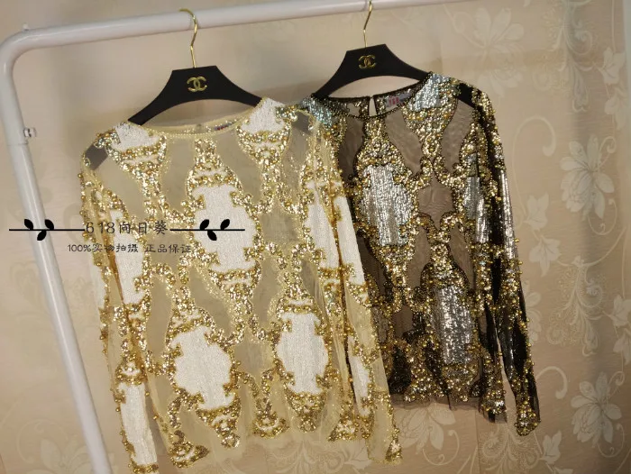 2018 Blusa Women Shirts And Winter Heavy Work Super-flash Sexy Perspective Net Yarn Spear Beads Long-sleeved Shirt Sequins Lace |