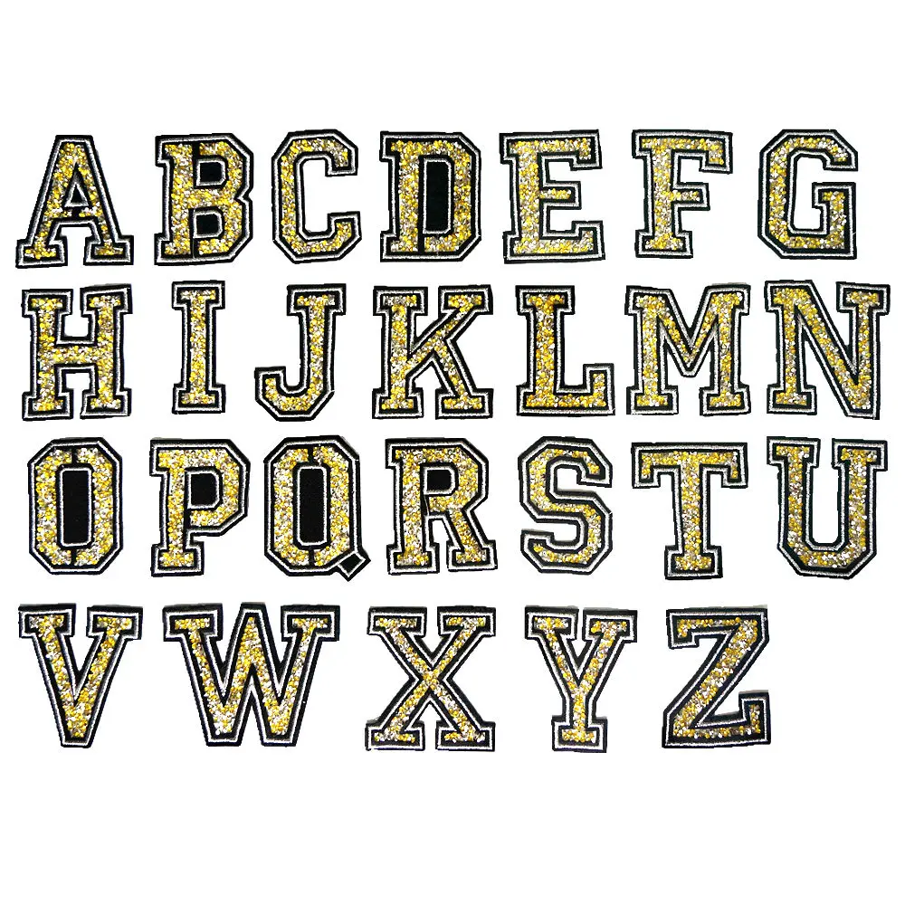 Стразы из желтого золота с буквами алфавита 26 букв серебристыми краями пришитые