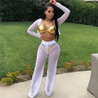 Sexy Women Bikini Cover Up Mesh Hoodie Crop Long Sleeve Top Leggings Pant Solid Beach Bathing Suit Cover Ups image