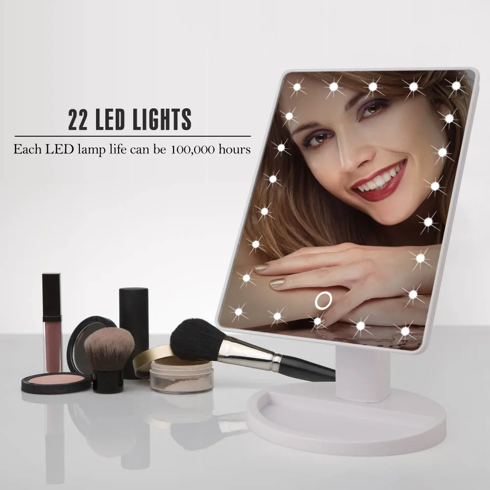 22 LED Lights Touch Screen Makeup Mirror 1X 10X Table Desktop Countertop Bright Adjustable USB Cable Or Batteries Use 16 Lights