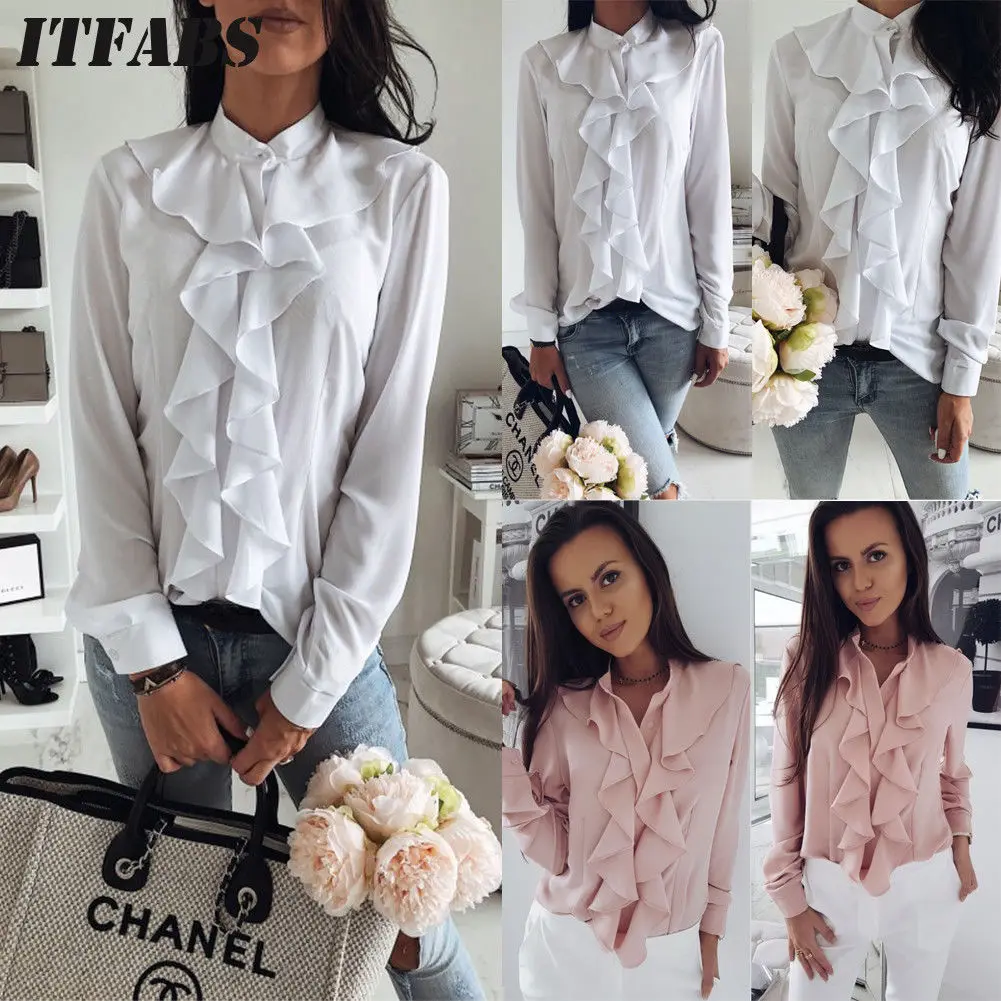 

2018 New Fashion Women Casual Blouses Long Sleeve Neck Flounce Tiered Chiffon Shirt Blusas Femininas Plus Size White