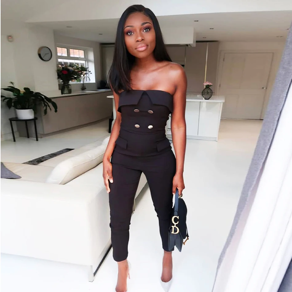 Elegant Womens Strapless Double Breasted Black Rompers Bare Back Solid Full Length Pencil Overalls Sexy Jumpsuit for Summer
Elegant Womens Strapless Double Breasted Black Rompers Bare Back Solid Full Length Pencil Overalls Sexy Jumpsuit for Summer