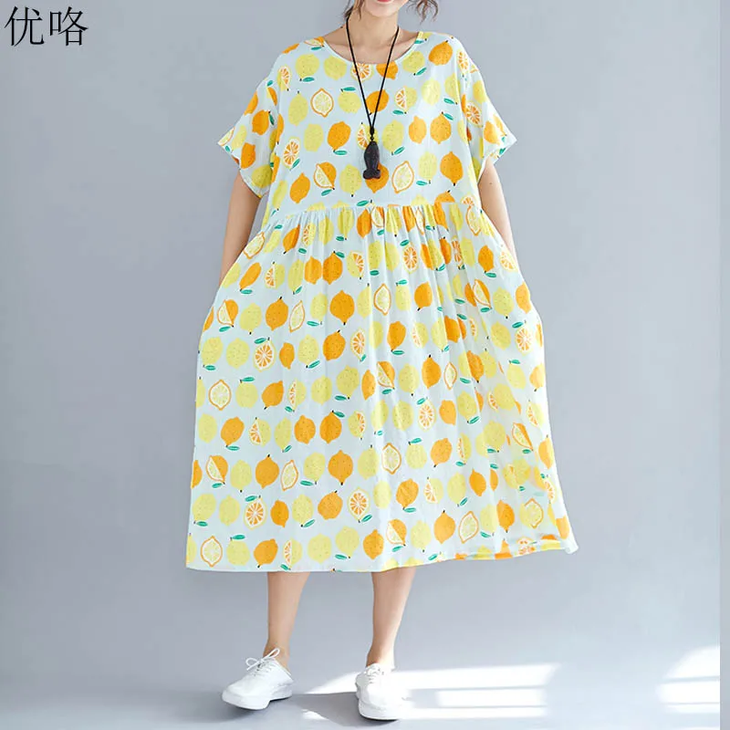 Kawaii Plus Size Lemon Print Cotton Dress Women Vintage Short Sleeve Loose A Line Cotton Dress Big Size Summer Sundresses 2019
Kawaii Plus Size Lemon Print Cotton Dress Women Vintage Short Sleeve Loose A Line Cotton Dress Big Size Summer Sundresses 2019