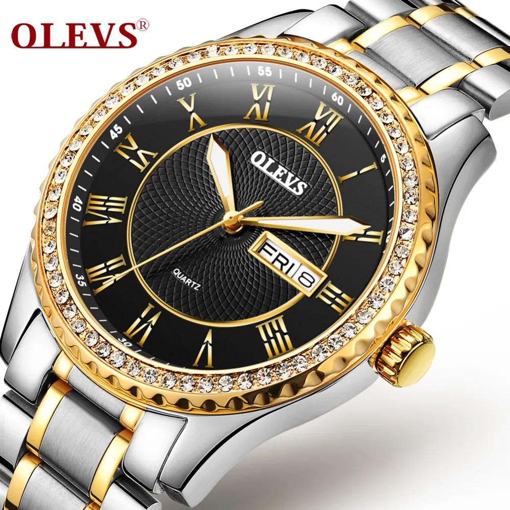 

OLEVS Golden Men Business Watch Auto Date and Week Bracelet Quartz Watches Luxury Diamond Dial Male Clock Mans Wristwatches 6899