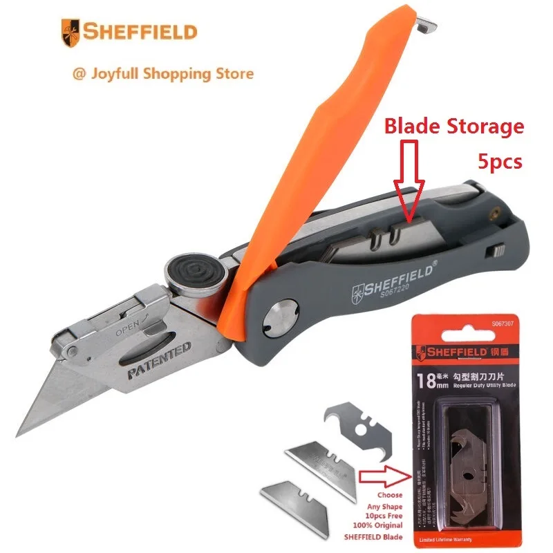 Best Patented Design SHEFFIELD Utility Folding Blade Knife Double Color Plastic Handle with 5pcs Blades Storage and Belt Clip
Best Patented Design SHEFFIELD Utility Folding Blade Knife Double Color Plastic Handle with 5pcs Blades Storage and Belt Clip