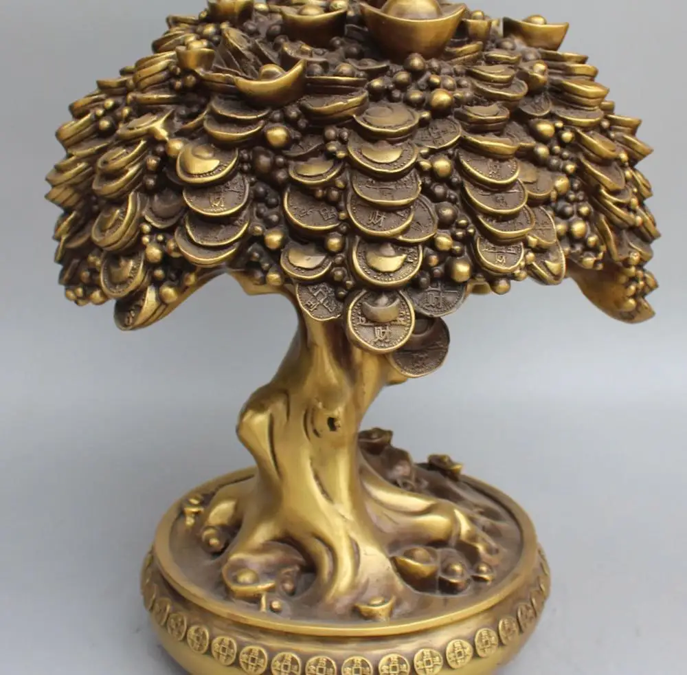16"Chinese Feng Shui Bronze Wealth Money Yuanbao treasure bowl Money tree Statue