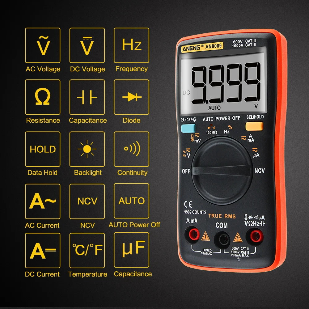 AN8009 True-RMS Auto Range Digital Multimeter NCV Ohmmeter AC/DC Voltage Ammeter Current Meter temperature measurement P20
AN8009 True-RMS Auto Range Digital Multimeter NCV Ohmmeter AC/DC Voltage Ammeter Current Meter temperature measurement P20