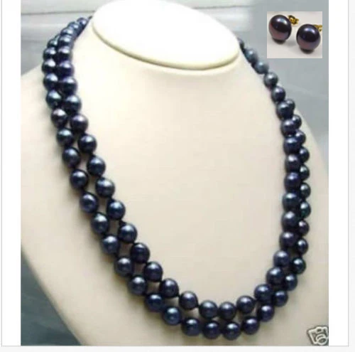 double strands AAA9-10mm round Tahitian black green pearl necklace 18-19 earring set-
double strands AAA9-10mm round Tahitian black green pearl necklace 18-19 earring set-