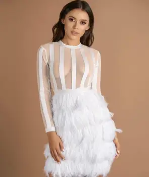 Women Lace Mesh Feather Long Sleeve White Black Rayon Bandage Dress Party Dress for Women
Women Lace Mesh Feather Long Sleeve White Black Rayon Bandage Dress Party Dress for Women