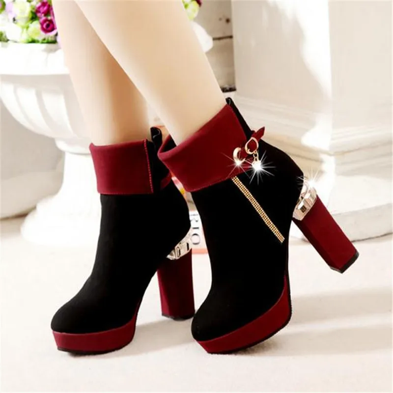 Women's spring autumn sexy patchwork rhinestone flock leather wine red zipper ankle high heel boots botas de invierno laarzen 48
Women's spring autumn sexy patchwork rhinestone flock leather wine red zipper ankle high heel boots botas de invierno laarzen 48