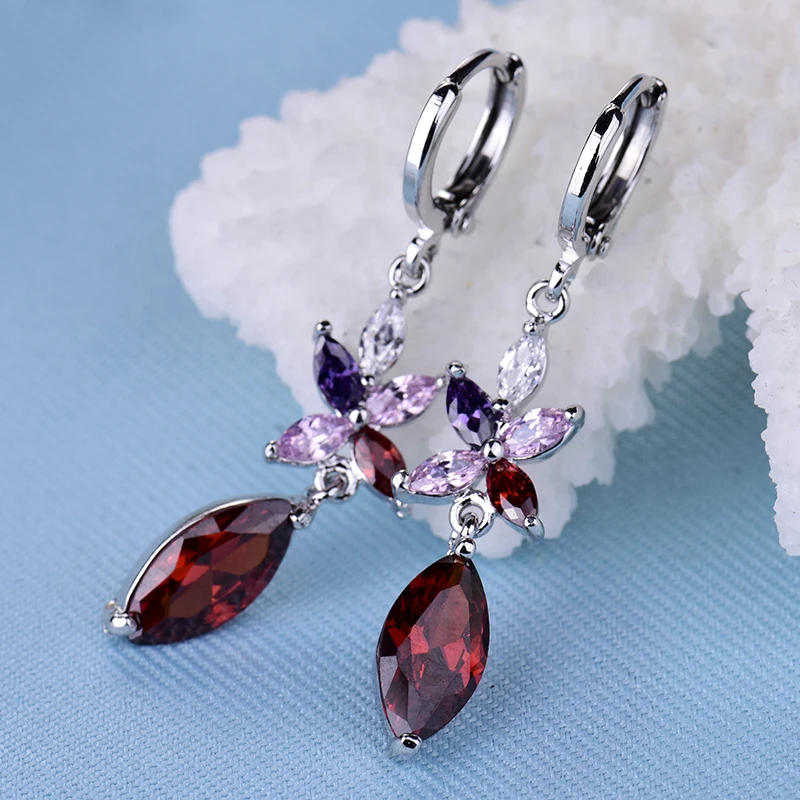 Image New Garnet Pink Stone Jewelry Cubic Zirconia Earring 18K White Gold Plated Austrian Crystal Long Dangle Earrings E042b E042d