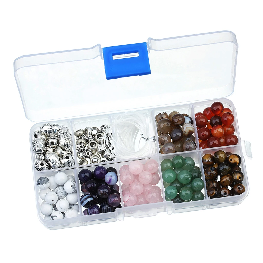 1 Set Natural Stone Loose Round Beads w Buddha Skull Beads Crystal Elastic Cord Kit Beads For Beading Jewelry Bracelet DIY Craft