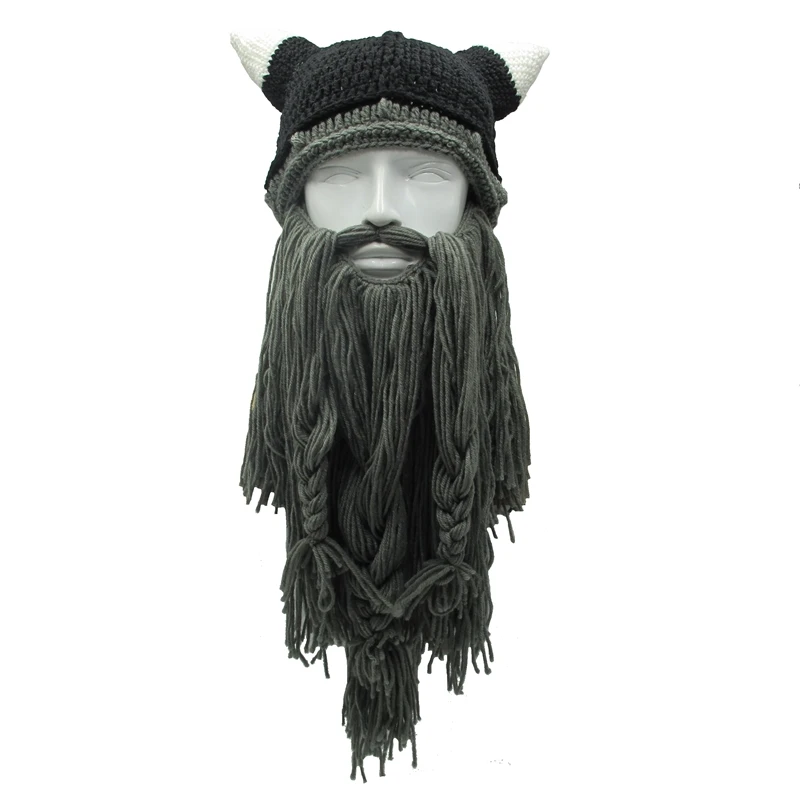 

Funny Men Vikings Beanies Knit Hats Beard Ox Horn Handmade Knitted Men's Winter Hats Warm Caps Women Gift Party Mask Cosplay Cap