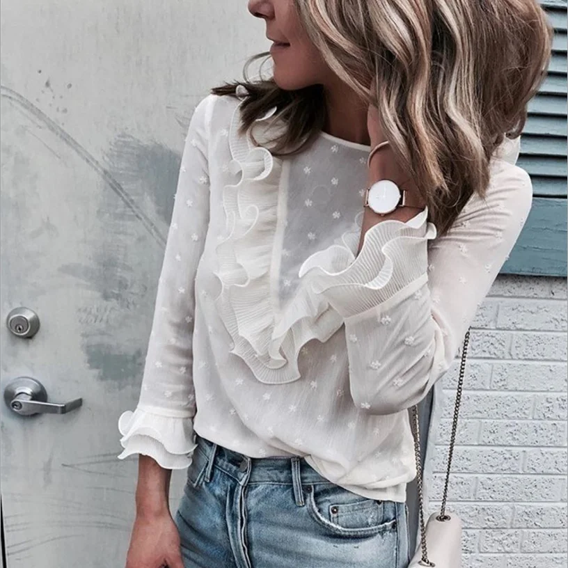 Autumn 2019 Women White Shirt O-Neck Long Sleeve Shirt Ruffles Women Clothes Fashion Streetwear Slim Blouse Elegant Women Tops
Autumn 2019 Women White Shirt O-Neck Long Sleeve Shirt Ruffles Women Clothes Fashion Streetwear Slim Blouse Elegant Women Tops