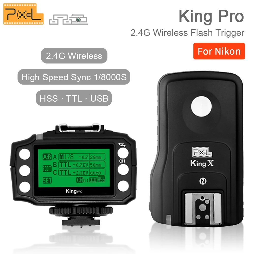 Pixel King Pro Wireless 2.4GHz TTL 1/8000s HSS Flash Trigger Kit Transmittter Transceiver For Nikon D7100 D7200 D810 D5 Camera |