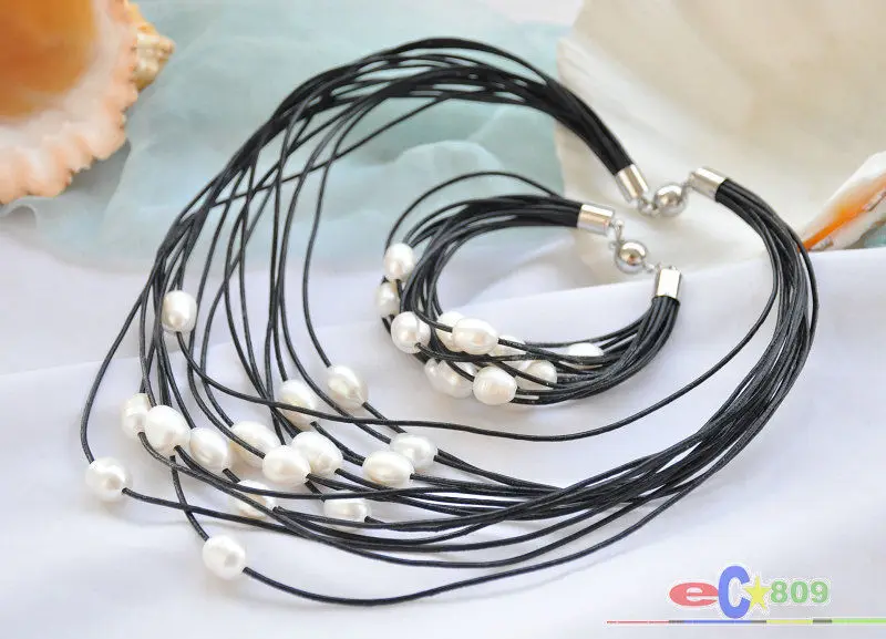 hot sell new - wholesale 15row 13mm white rice pearl black leather necklace & bracelet
hot sell new - wholesale 15row 13mm white rice pearl black leather necklace & bracelet