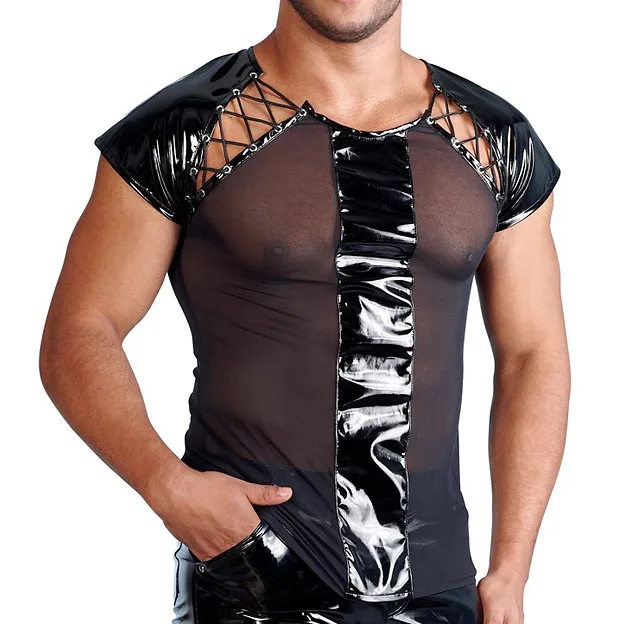 Punk Mens Short Sleeve Tops PVC Faux Leather Tees Sexy See Through Mesh Tops Tee Hollow Out T Shirts Nightclub Fetish Clothing
Punk Mens Short Sleeve Tops PVC Faux Leather Tees Sexy See Through Mesh Tops Tee Hollow Out T Shirts Nightclub Fetish Clothing