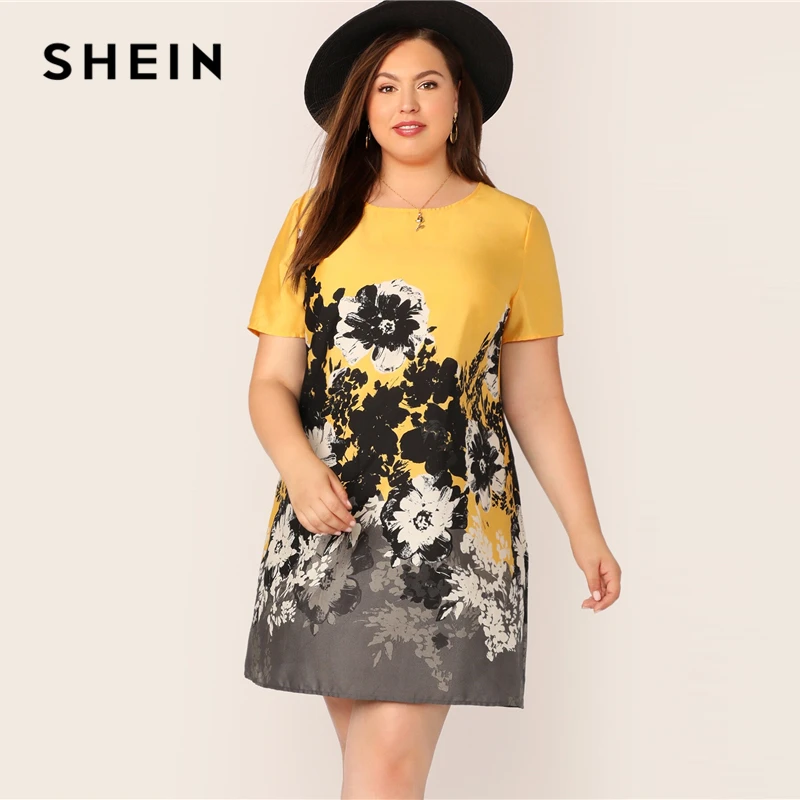 

SHEIN Plus Size Multicolor Floral Print Tunic Boho Dress 2019 Women Summer Straight Shift Round Neck Short Sleeve Plus Dresses