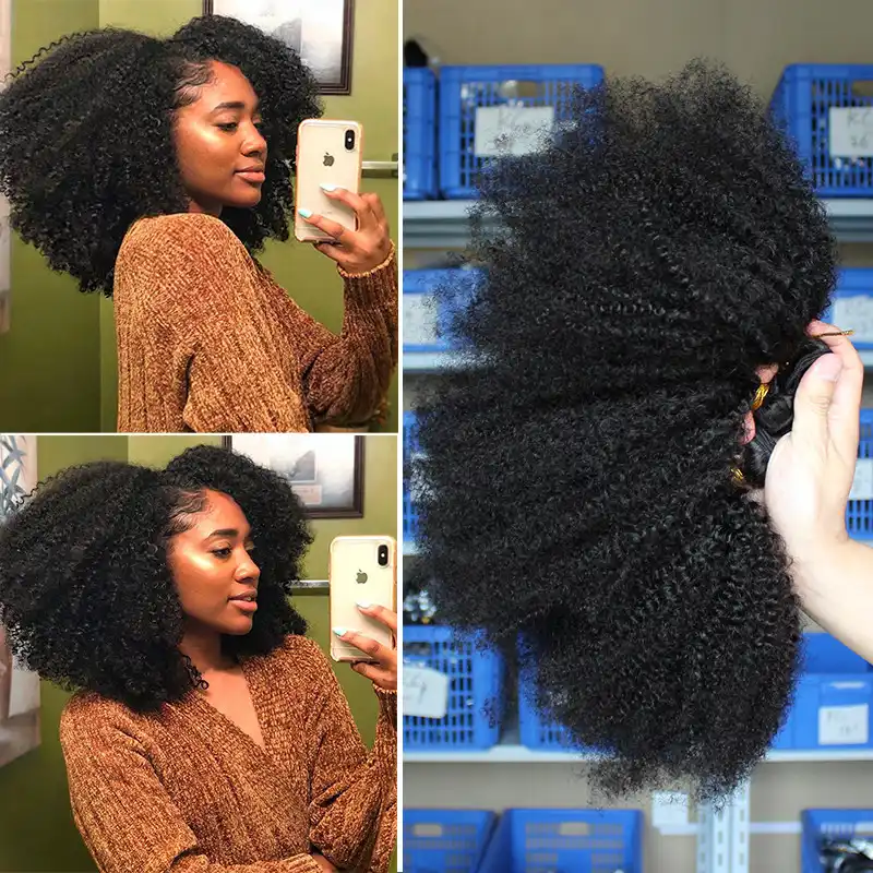 Mongolian Afro Kinky Curly Hair Weave With Closure Natural Black