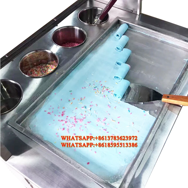 R410 110v/220v big square pan thailand flat pan roll fried ice cream machine with 4 buckets/toppings/barrels
