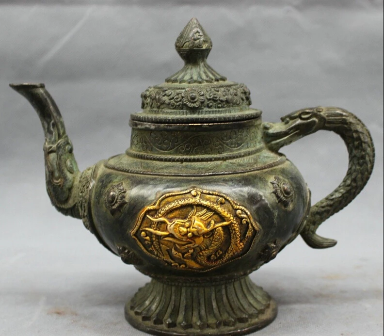 8" Chinese Copper Bronze Gilt Folk Auspicious Dragon Head Statue Wine Pot Teapot
8" Chinese Copper Bronze Gilt Folk Auspicious Dragon Head Statue Wine Pot Teapot