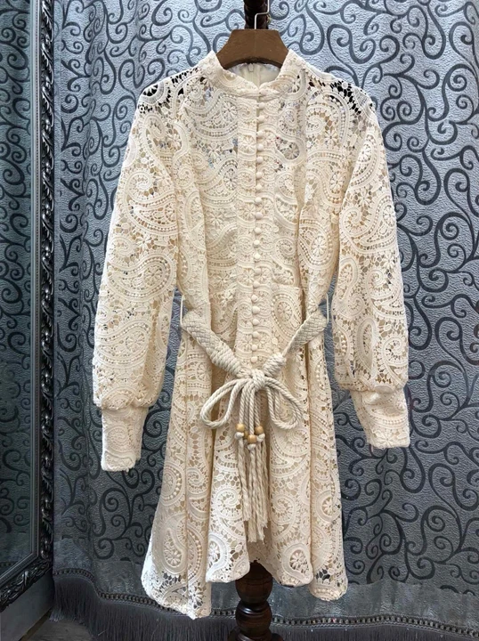 Summer 2019 New Women's Small Round-neck Water-soluble Embroidery Hollow Tie with Received Waist Long Sleeve dress 619
Summer 2019 New Women's Small Round-neck Water-soluble Embroidery Hollow Tie with Received Waist Long Sleeve dress 619