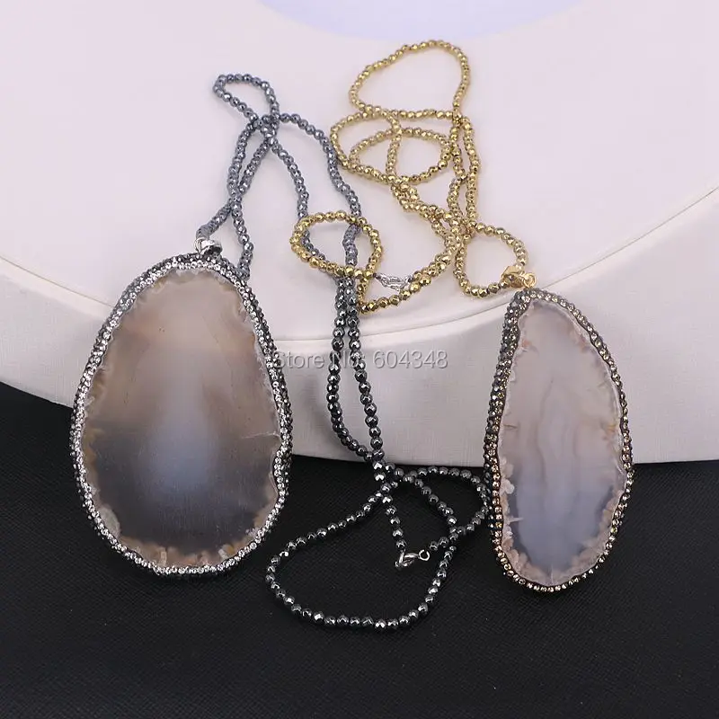 5 Strands Pave crystal slice pendant necklace black / gold hematite chain necklace
5 Strands Pave crystal slice pendant necklace black / gold hematite chain necklace