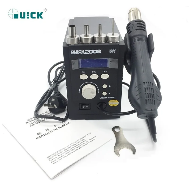 Original soldering station QUICK 2008 ESD digital display heat gun Welding blower gun with reballing stencils brush Tweezers pen
Original soldering station QUICK 2008 ESD digital display heat gun Welding blower gun with reballing stencils brush Tweezers pen