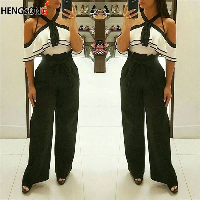 Hengsong Autumn Casual Wide Leg Pants Loose Women's 2018 Fashion Solid Color Waist Belt High Palazzo 724297 | Женская одежда