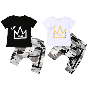 Fashion Newborn Toddler Kids Baby Boy Clothing Set Short Sleeve Crown Print KING T-shirt Tops+Camouflage Harem Pant 2PCS Outfits
Fashion Newborn Toddler Kids Baby Boy Clothing Set Short Sleeve Crown Print KING T-shirt Tops+Camouflage Harem Pant 2PCS Outfits