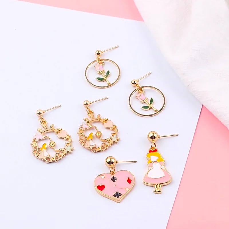Korean Style Pink Girls Cartoon Heart/Flower Dangle Earrings Asymmetric Loving Drop | Украшения и аксессуары