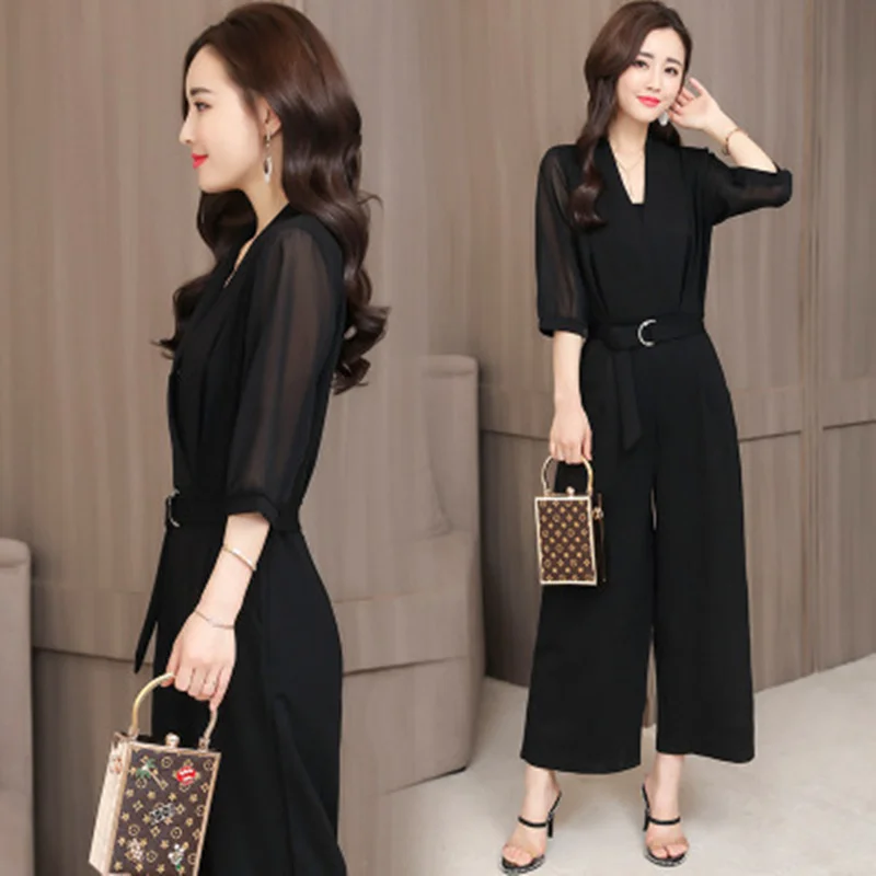2019 spring and summer new high waist chiffon jumpsuit black seven-point sleeves Slim temperament wide leg jumpsuit
2019 spring and summer new high waist chiffon jumpsuit black seven-point sleeves Slim temperament wide leg jumpsuit