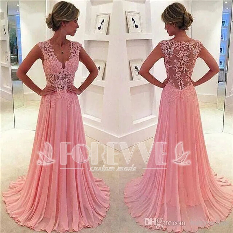 

New Pink Appliques Prom Dress Long 2019 V-Neck Sheer Lace Formal Prom Dresses Party Gowns Vestidos De Fiesta Abendkleider Abiye