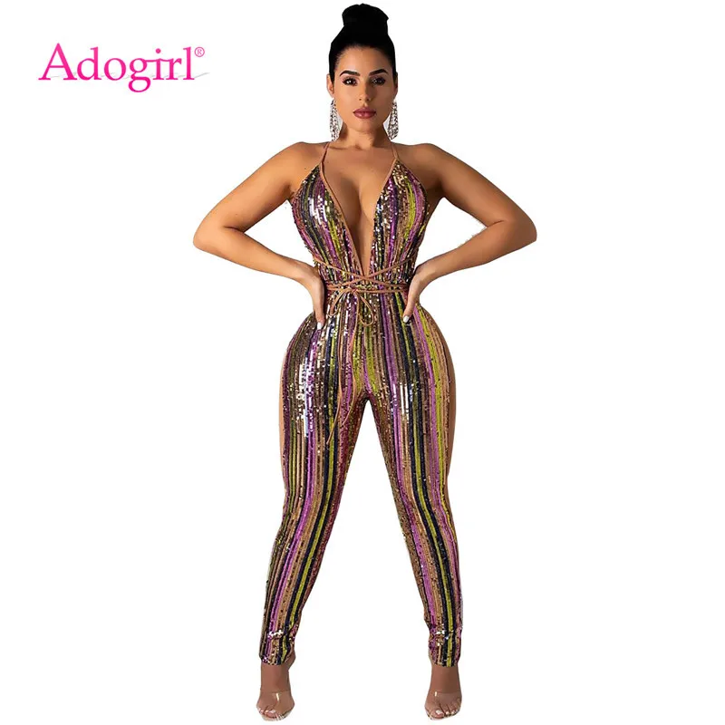 Adogirl Colorful Stripe Sequins Bandage Jumpsuit Sexy Deep V Neck Spaghetti Straps Night Club Party Outfits Women Romper Overall
Adogirl Colorful Stripe Sequins Bandage Jumpsuit Sexy Deep V Neck Spaghetti Straps Night Club Party Outfits Women Romper Overall