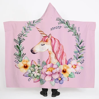 

2 Sizes Cute Cartoon Soft Unicorn Hooded Blanket Four Seasons Throw Blanket Sherpa Fleece Cartoon Wearable Blanket With Hat