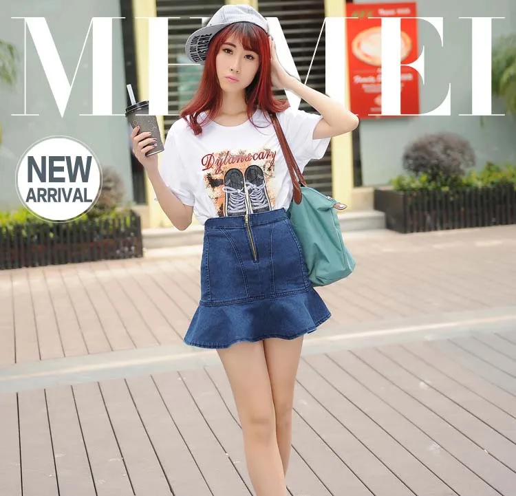2018 fashion autumn newWomen's Clothing Summer Denim Skirts Plus Size Empire Stretch Sexy Jean Skirt Ladies Blue Jupe Ruffles Mini A-line Skirts (6)