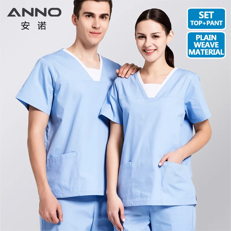 

ANNO Summer Nurse Uniform Blue Medical Scrubs Set Short Sleeves Doctor Suit Women&Man Hospital Dental Cloths Surgical Dress
