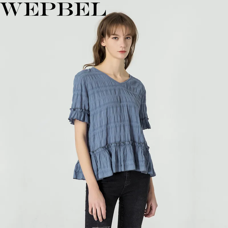 Wepbel New Solid Color V-neck Stitching Pleated Lace Short-sleeved Personality Wrinkle Fabric Loose Female T-shirt 
Wepbel New Solid Color V-neck Stitching Pleated Lace Short-sleeved Personality Wrinkle Fabric Loose Female T-shirt