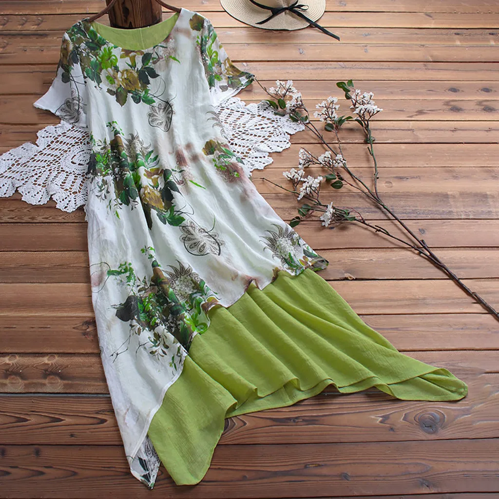 Women Vintage Floral Print Dress Ladies Causal O-Neck Short Sleeve Patch Asymmetrical Beach Long Maxi Dress vestidos de verano
Women Vintage Floral Print Dress Ladies Causal O-Neck Short Sleeve Patch Asymmetrical Beach Long Maxi Dress vestidos de verano
