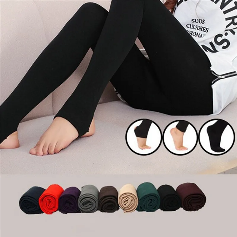 LADIES BLACK THICK FULL FOOT FOOTLESS FLEECE LINED WINTER WARM STRETCH TIGHTS