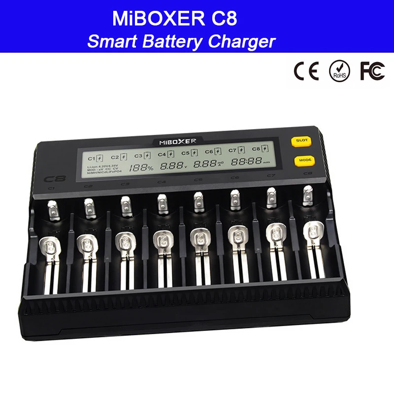 Зарядное устройство MiBOXER C8 для аккумуляторов 18650 ЖК дисплей 21700 А Li ion LiFePO4 Ni MH Cd AA