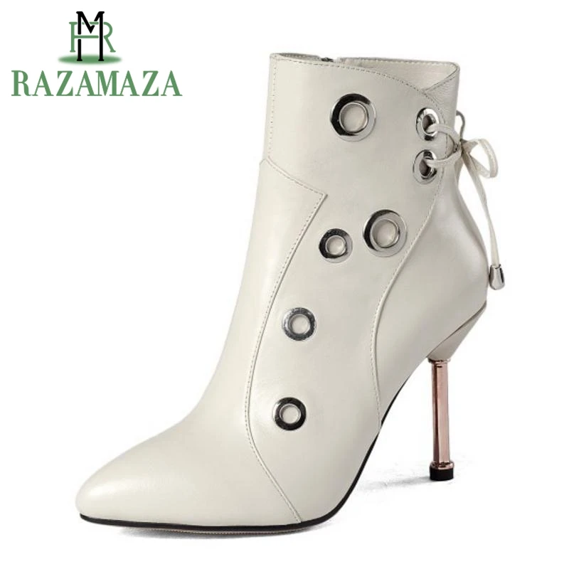 RAZAMAZA Genuine Leather Woman High Heels Boots Zipper Pointed Toe Winter Shoes Women's Sexy Short Ankle Boots Size 34-39
RAZAMAZA Genuine Leather Woman High Heels Boots Zipper Pointed Toe Winter Shoes Women's Sexy Short Ankle Boots Size 34-39