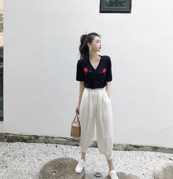 Casual 2 Piece Set Women Embroidered V-neck Short Sleeves Tops Elastic Waist Solid Ankle-length Pants Fashion Women's Sets
Casual 2 Piece Set Women Embroidered V-neck Short Sleeves Tops Elastic Waist Solid Ankle-length Pants Fashion Women's Sets