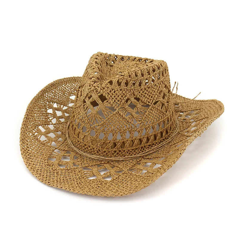 

Fashion Hollowed Handmade Cowboy Straw Hat Women Men Summer Outdoor Travel Beach Hats Unisex Solid Western Sunshade Cap CP0192