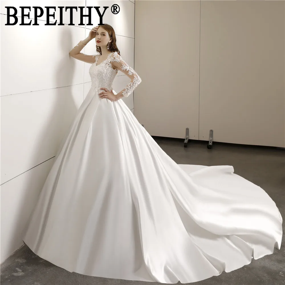 BEPEITHY New Arrival vestido de noiva Appliques Beads V-Neck Satin Long Sleeve Simple Cheap Wedding Dress 2019
BEPEITHY New Arrival vestido de noiva Appliques Beads V-Neck Satin Long Sleeve Simple Cheap Wedding Dress 2019