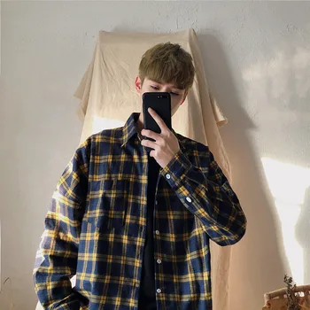 

2018 Spring Newest Men's Fashion Restore Ancient Ways Lattice Long-sleeved Shirt Loose Casual Black/Yellow Color Clothes M-XL